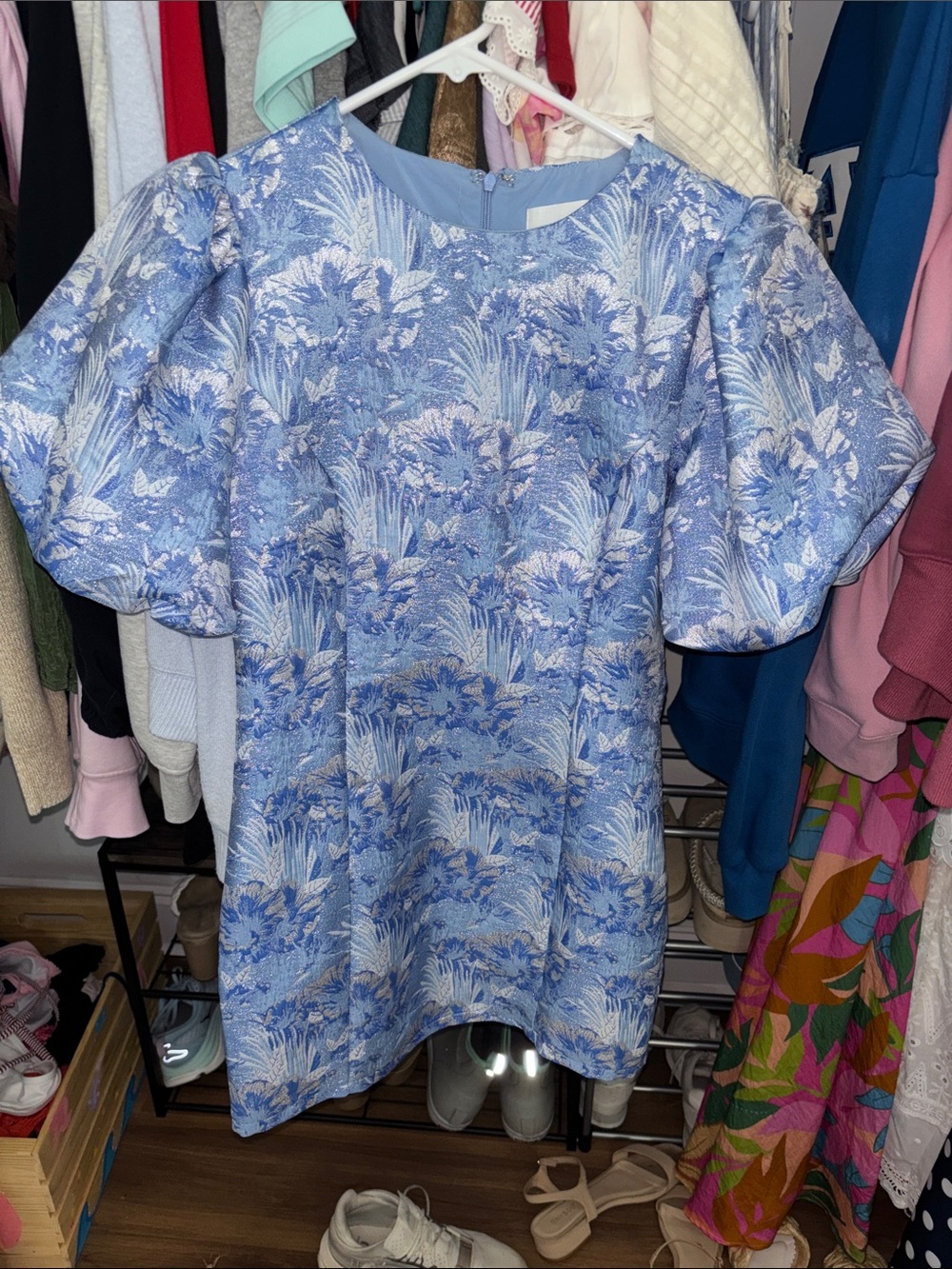 Lena Blue and Silver Floral Jacquard Dress